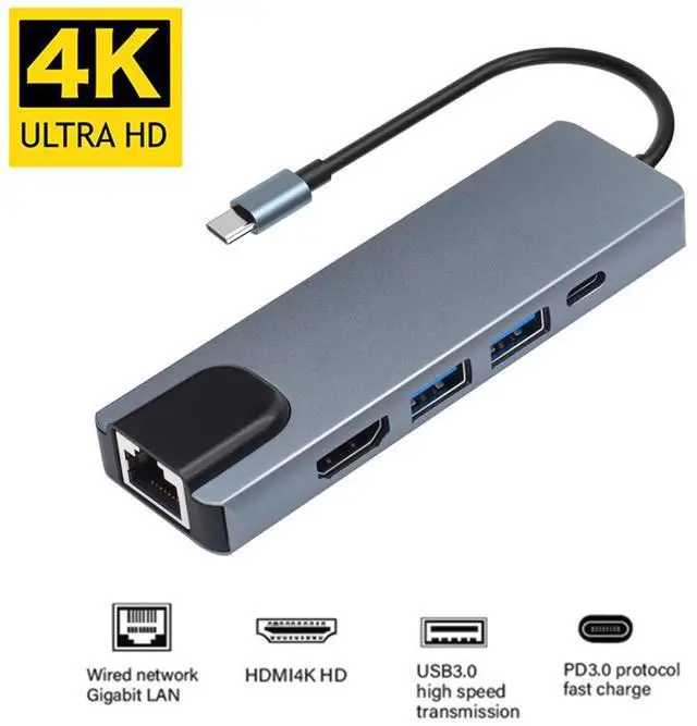 Main image of USB C Docking Station 5-in-1 USB-C Dock (Thunderbolt 3) with Dual HDMI 4K 30Hz, RJ45 Ethernet, 2 USB3.0 Ports, 100W PD Charging, for MacBook/Pro/Air, Type C Windows Laptop