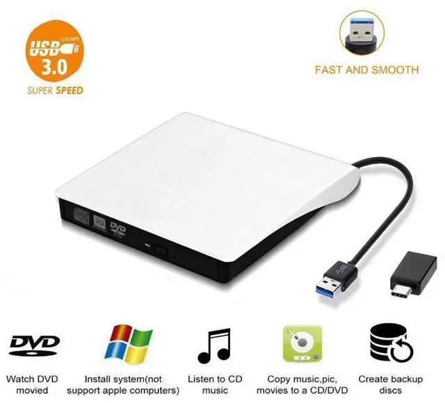 Main image of WRIARICH External CD Drive, USB 3.0 Portable CD DVD +/-RW Drive with OTG type adapter DVD/CD ROM Rewriter Burner Writer Compatible with Laptop Desktop PC Windows Mac Pro MacBook-White