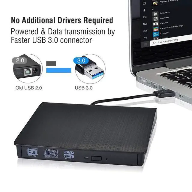 Alt view image 6 of 7 - External CD Drive,Type C USB 3.0 Portable CD DVD +/-RW Drive Slim DVD/CD ROM Rewriter Burner Writer Compatible with Laptop Desktop PC Windows Linux OS Apple Mac - Black