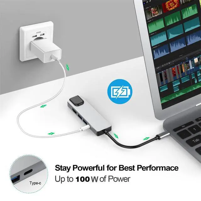Alt view image 5 of 7 - USB C Hub, 5-in-1 USB C Adapter with 4K HDMI, 1Gbps RJ45 Ethernet Port, 2USB 3.0, 100W PD Charging Port for MacBook Pro, ChromeBook Pixel, Dell XPS and Type C Windows Laptops
