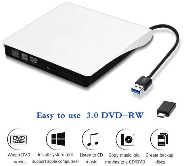 Main image of XD001 External DVD Drive USB 3.0/Type-C Portable Slot-inCD/DVD+/-RW Burner Player USB C Superdrive CD ROM for Laptop Mac MacBook Pro Air Windows Desktop PC (White)