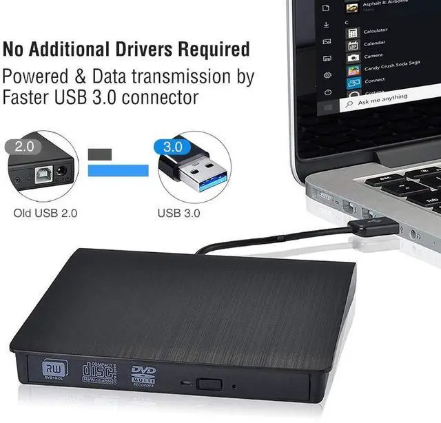 Alt view image 4 of 7 - External CD DVD Drive USB 3.0 Type-C Portable DVD/CD ROM +/-RW Drive Burner Rewriter for Windows Linux Mac Laptop Desktop, MacBook Pro/ Air, iMac -Black