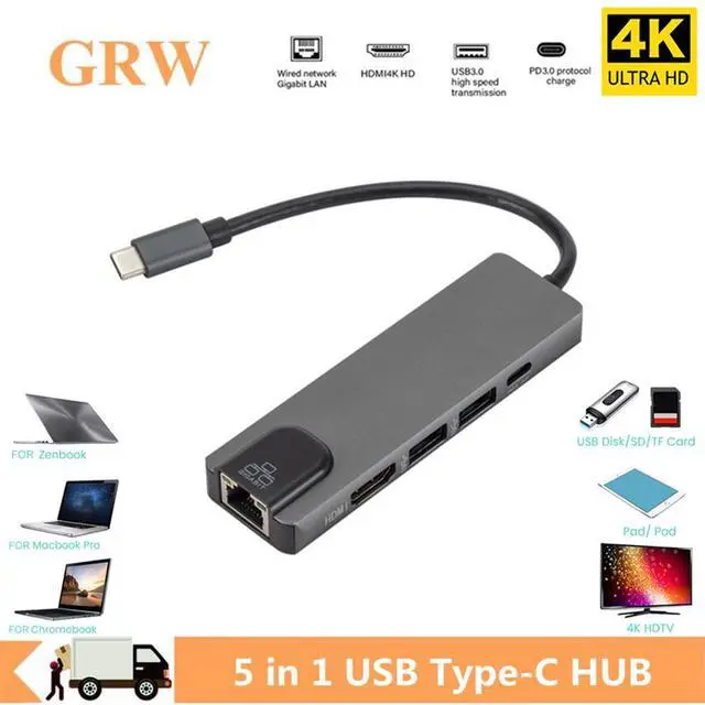 Main image of USB C Hub, 5 in 1 Multiport Adapter Thunderbolt 3 Dock Converter with 4k HDMI, Gigabit Ethernet, 100W Power Delivery, 2 Port USB 3.0 for MacBook Pro, ChromeBook Pixel, Dell XPS, Samsung Dex, Oneplus