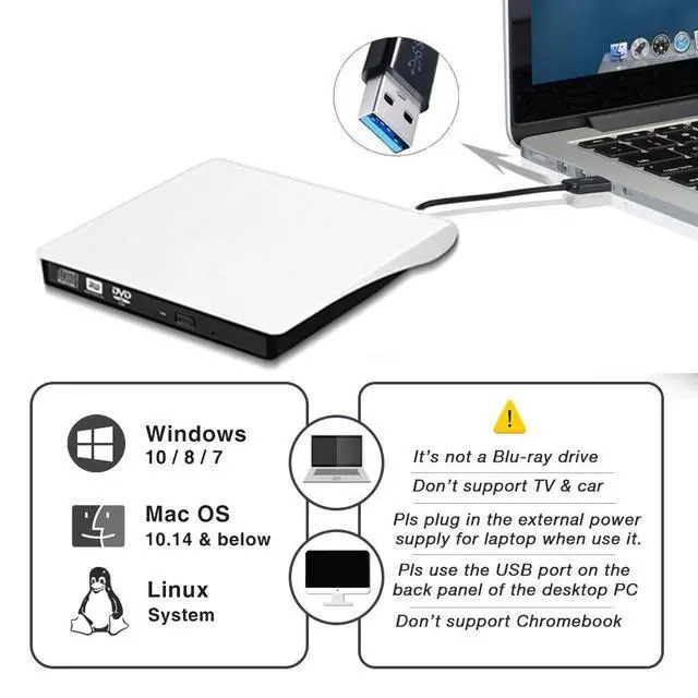 Alt view image 6 of 7 - WRIARICH USB 3.0 & USB-C External CD DVD +/- RW Optical Drive Player Reader Writer Burner for Apple MacBook Pro/Air, Windows 10 Laptop Desktop PC of HP, Dell, Acer, Lenovo, Thinkpad, Surface, White