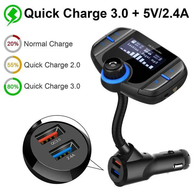Alt view image 2 of 7 - WRIARICH Bluetooth FM Transmitter 1.7" Color Screen Wireless Receiver Car Kit with 1.7 Inch Display, QC3.0 and Smart 2.4A Dual USB Ports, AUX Input/Output, TF Card Mp3 Player