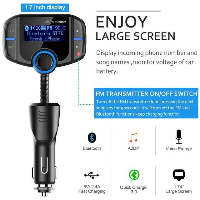 Alt view image 3 of 7 - WRIARICH Bluetooth FM Transmitter 1.7" Color Screen Wireless Receiver Car Kit with 1.7 Inch Display, QC3.0 and Smart 2.4A Dual USB Ports, AUX Input/Output, TF Card Mp3 Player