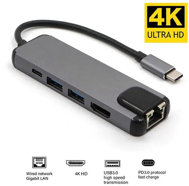Main image of 5-in-1 USB C Hub HDMI Adapter for MacBook Pro 2019/2018/2017,with 4K HDMI, 1000Mbps Ethernet Port, 100W Power Delivery and 2 Ports USB 3.0, for MacBook Laptops