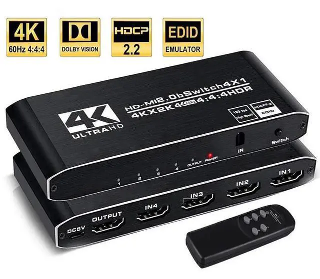 Main image of HDMI Switch 4 Ports (4 x 1) 4K 60Hz HDMI 2.0 Switcher with IR Remote Control Support HDR & HDCP 2.2 & 3D &Full HD 1080P, Compatible for PS4/Xbox One/Fire TV/Apple TV/Sky Box/STB/DVD/Roku