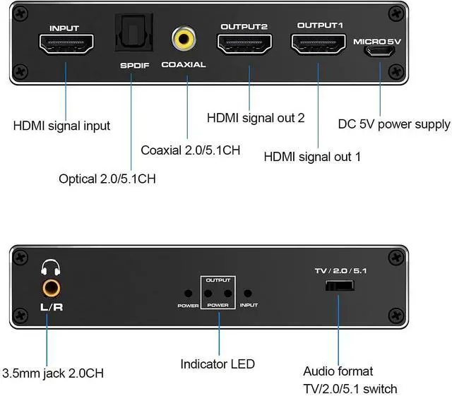 Alt view image 2 of 7 - 4K@60Hz HDMI Splitter 1 in 2 Out - 1x2 HDMI Display Duplicate/Mirror - 4K @ 30Hz (One Input To Two Outputs) - with audio extractor(3.5mm, Coaxial & Optical SPDIF audio out) - 1 Source to 2 Displays