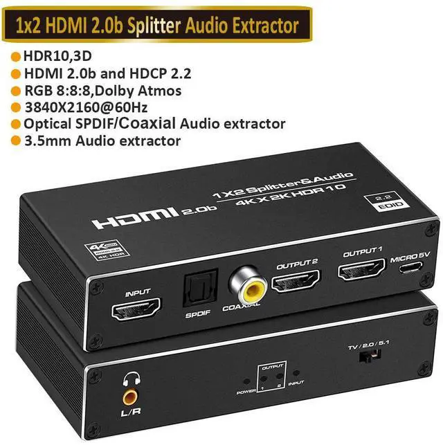 Main image of 4K@60Hz HDMI Splitter 1 in 2 Out - 1x2 HDMI Display Duplicate/Mirror - 4K @ 30Hz (One Input To Two Outputs) - with audio extractor(3.5mm, Coaxial & Optical SPDIF audio out) - 1 Source to 2 Displays