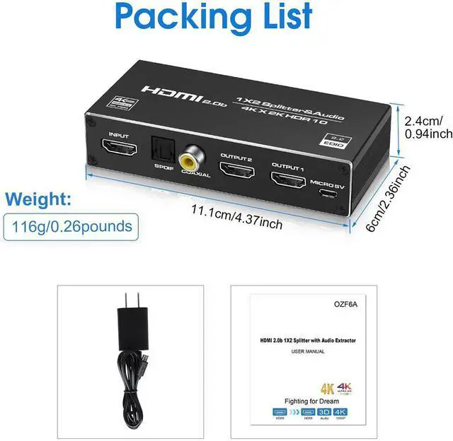 Alt view image 7 of 7 - 4K@60Hz HDMI Splitter 1 in 2 Out - 1x2 HDMI Display Duplicate/Mirror - 4K @ 30Hz (One Input To Two Outputs) - with audio extractor(3.5mm, Coaxial & Optical SPDIF audio out) - 1 Source to 2 Displays