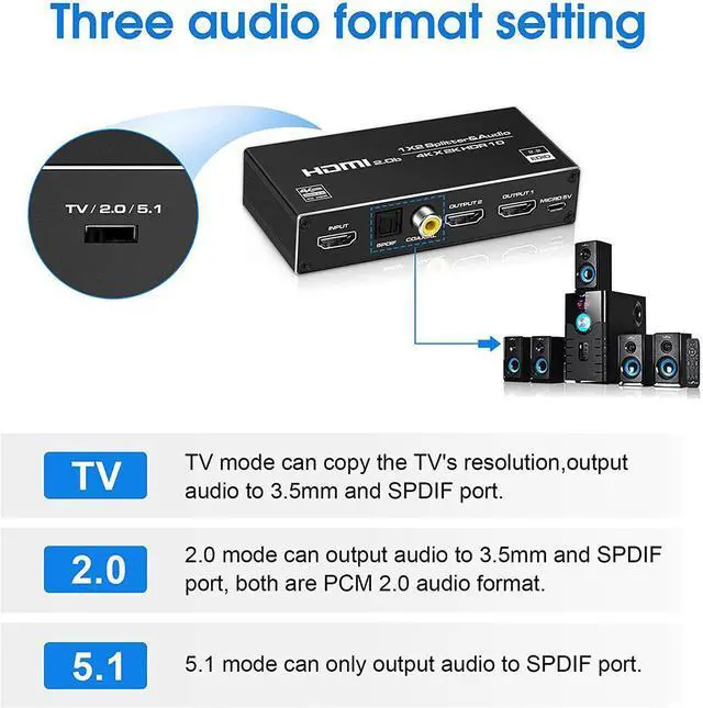 Alt view image 5 of 7 - 4K HDMI Splitter with 3.5mm, Coaxial & Optical SPDIF audio out, 1 in 2 Out 4K HDMI Splitter for Full HD 4K@60HZ 1080P 3D Splitter (1 HDMI Source to 2 HDMI Displays)