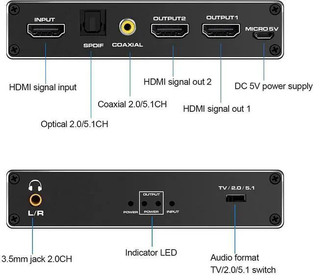 Alt view image 2 of 7 - 4K HDMI Splitter with 3.5mm, Coaxial & Optical SPDIF audio out, 1 in 2 Out 4K HDMI Splitter for Full HD 4K@60HZ 1080P 3D Splitter (1 HDMI Source to 2 HDMI Displays)