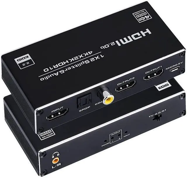 Main image of HDMI Splitter 1 in 2 Out, 4K HDMI Splitter for Dual Monitors Duplicate/Mirror Only, 1x2 HDMI Splitter with audio extractor, 3.5mm, Coaxial & Optical SPDIF Audio Out