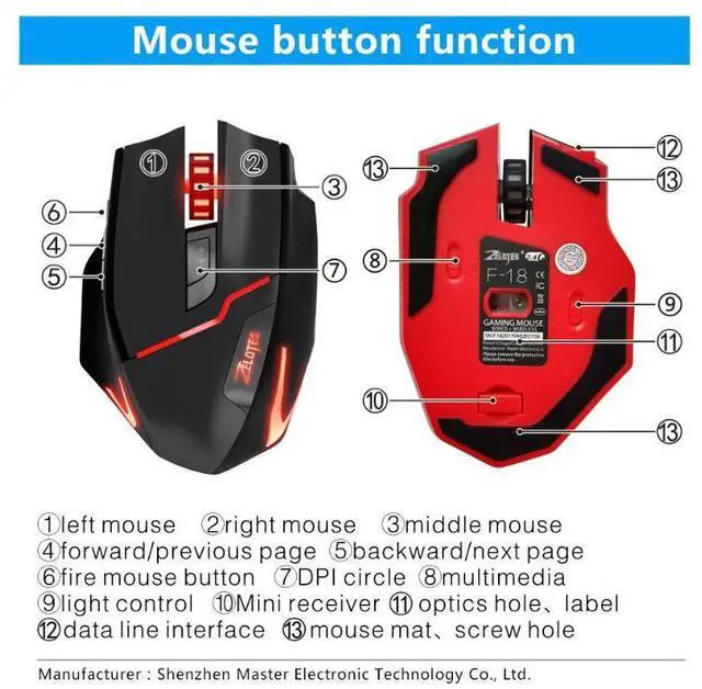 Alt view image 3 of 7 - Zelotes F-18 PC Gaming Mouse LED RGB Backlit MMO 7 Buttons Mouse for Windows Computer Gamer (Dual-Mode Wired/Wireless, Black)