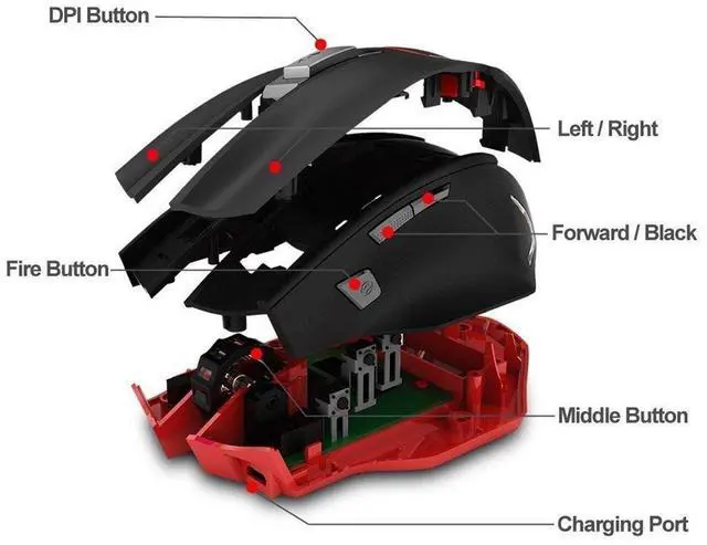 Alt view image 4 of 7 - Zelotes F-18 PC Gaming Mouse LED RGB Backlit MMO 7 Buttons Mouse for Windows Computer Gamer (Dual-Mode Wired/Wireless, Black)