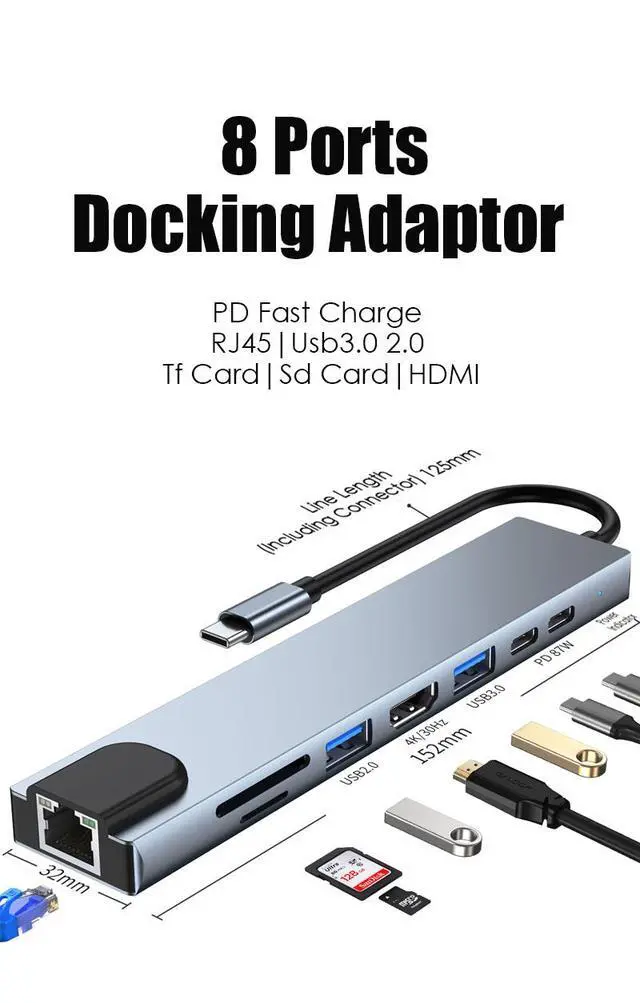 Alt view image 2 of 7 - USB C Hub, 8-in-1 USB C Adapter with 4K HDMI, RJ45 Ethernet Port,2x USB3.0/2.0, SD/TF Card Reader, 87W PD Charging Port, Type-C Port for MacBook/Pro/Air and Type C Windows Laptops
