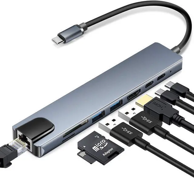 Main image of USB C Hub Adapter, 8-in-1 USB C Adapter,with 4K USB C to HDMI,SD/TF Card Reader and Ethernet,2 USB 3.0 Ports,87W Power Delivery, Type-C Port for MacBook Pro, iPad Pro 2019/2018, Pixelbook, XPS