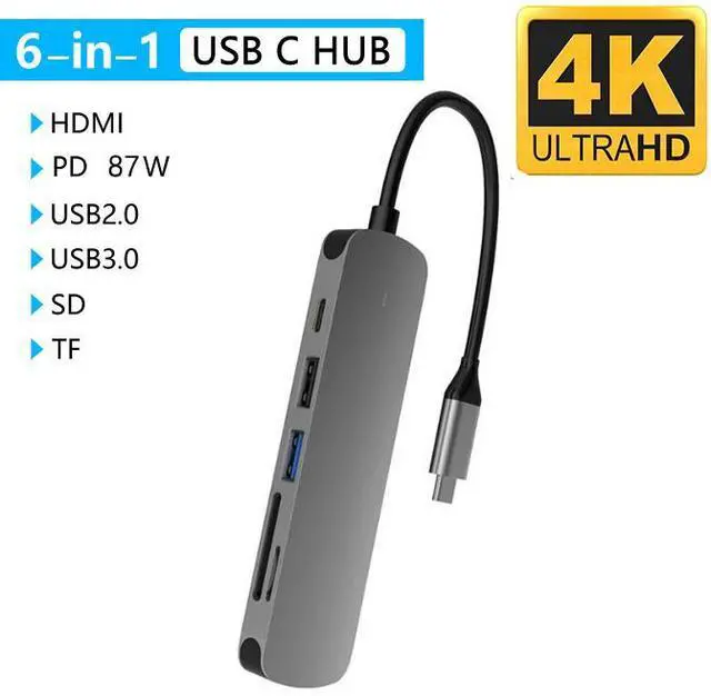 Main image of USB C Hub 6 in 1 Type-C Adapter Multiport (USB 3.0/2.0+SD/TF Card Reader+4K HDMI+Type-C Port) Compatible for MacBook Pro/iPad Pro/HW MateBook/Chromebook and Other Type C Devices