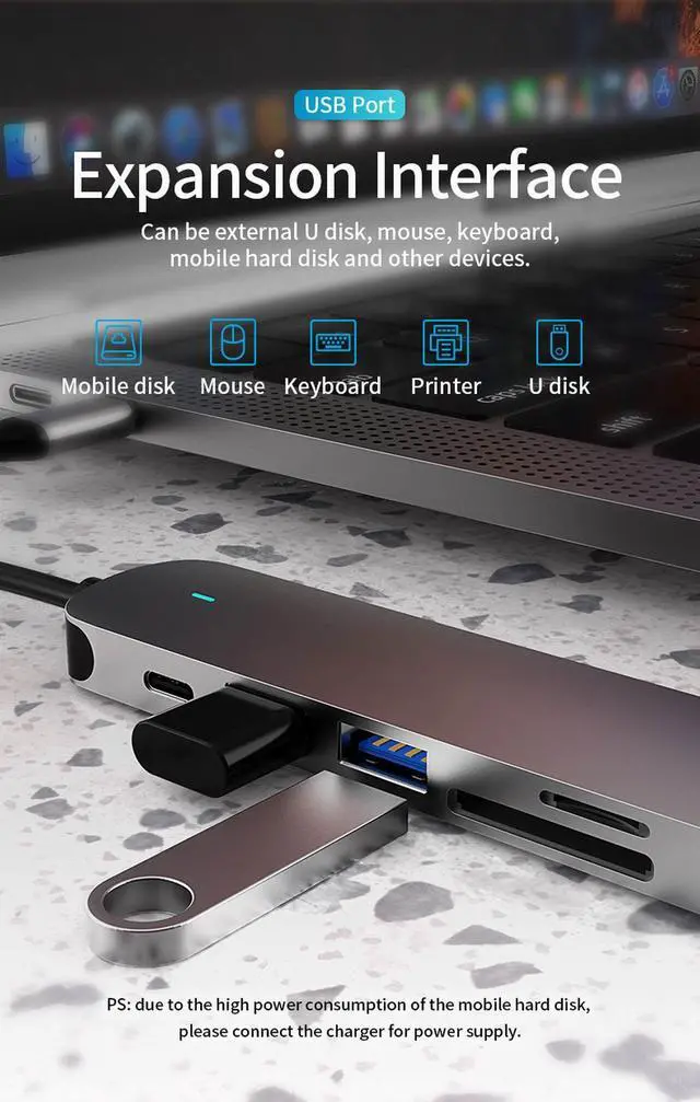 Alt view image 5 of 7 - Type-C Hub, 6-IN-1 USB-C Hub with HDMI(4K) + 87W PD + USB3.0 + USB2.0 + SD/TF Card Reader for Surface Pro, XPS, MacBook Pro & Air and More USB C Devices