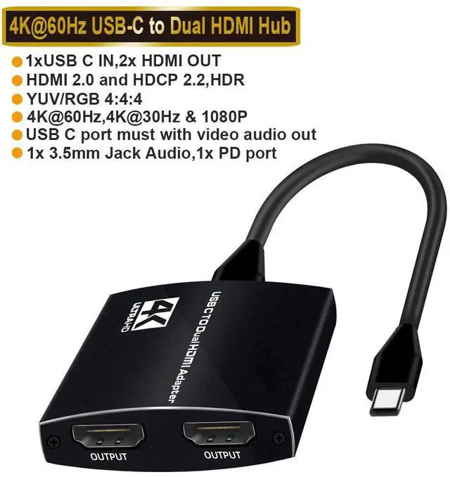 Main image of USB C to 2 HDMI Dual 4K Displays Digital AV Adapter for 2020-2016 MacBook Pro, Mac Air/iPad Pro, Dell XPS 13/15,Surface Pro 7/Go