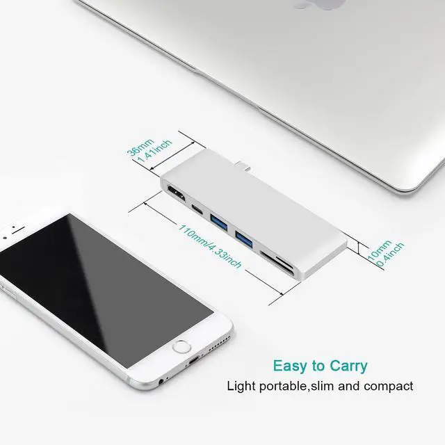 Alt view image 6 of 7 - WRIARICH USB C Hub, 6 in 1 Multi Port Type C to HDMI Adapter, Type C Combo Hub with 4K HDMI, SD/MicroSD Card Reader, 2 USB 3.0 Ports, USB-C Charging Port for MacBook, iMac, ChromeBook etc- Silver