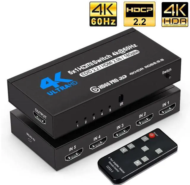 Main image of HDMI Switch 5 Ports (5 x 1) 4K 60Hz HDMI 2.0 Switcher with IR Remote Control Support HDR & HDCP 2.2 & 3D &Full HD 1080P, Compatible for PS3/PS4, Xbox 360/One, HDTV, Blu-Ray Player, OZQ3-4
