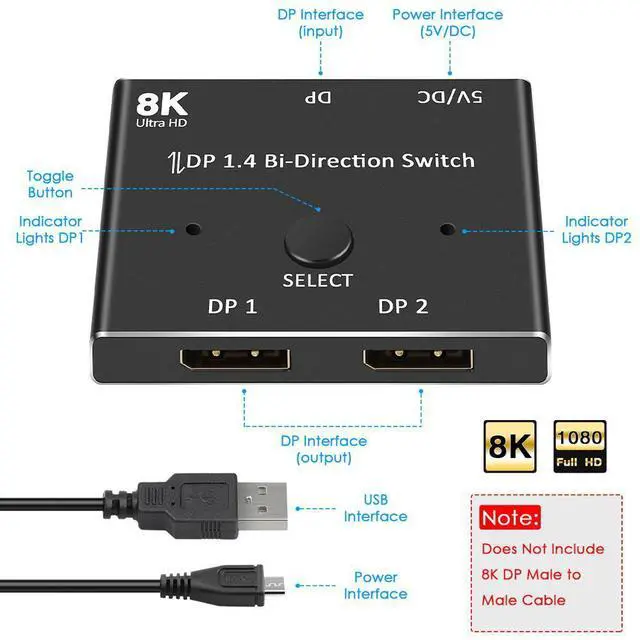 Alt view image 2 of 7 - WRIARICH DP 1.4 DisplayPort 8K Converter Switcher Adapter Bidirectional Splitter DP for PC/Monitor Support Support 8k@60Hz /5K@60Hz/ 4K@120Hz for Computer Monitor Projector TV