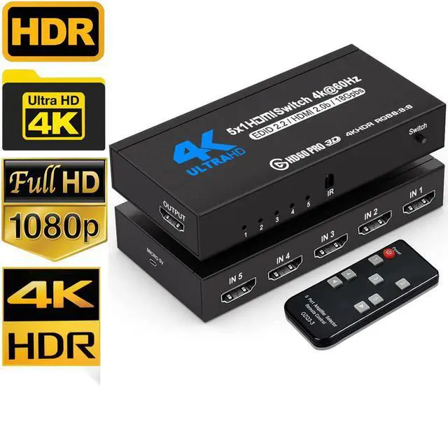 Main image of 4k HDR 5x1 HDMI Switch with IR Remote Control, 5 Ports HDMI 2.0 Switcher Selector , Supports HDCP 2.2 4K@60Hz UltraHD HDR10 3D HD1080P Dolby DST, HDMI Splitter for PS4 Xbox Apple TV Fire Stick, OZQ3-4