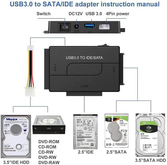 Alt view image 2 of 7 - SATA/IDE to USB 3.0 Adapter, IDE Hard Drive Adapter Kit Recovery Converter for Universal 2.5"/3.5" Inch IDE and SATA External HDD/SSD, Support 6TB