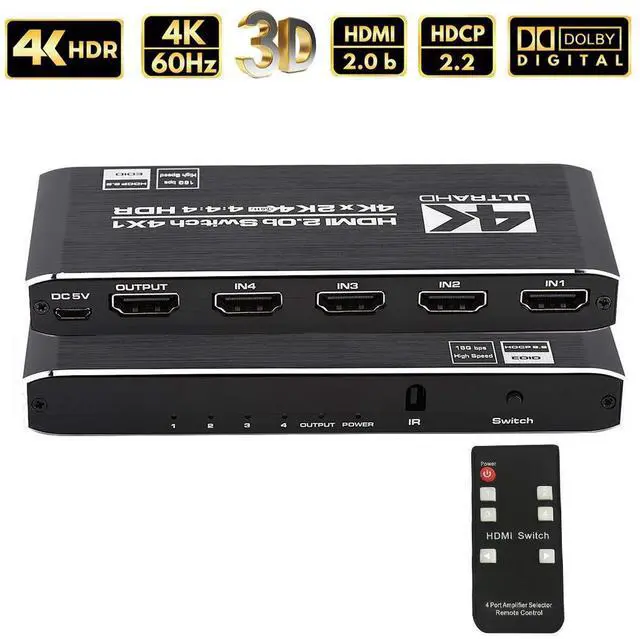 Main image of HDMI Switch 4k@60HZ, 4 in 1 Out HDMI Switcher Selector with IR Remote Control, HDMI 4 Port Box Hub Support HDCP 2.2 YUV444/RGB888 HDR10 for PS4/Xbox One/Fire TV/Apple TV/Sky Box/STB/DVD/Roku