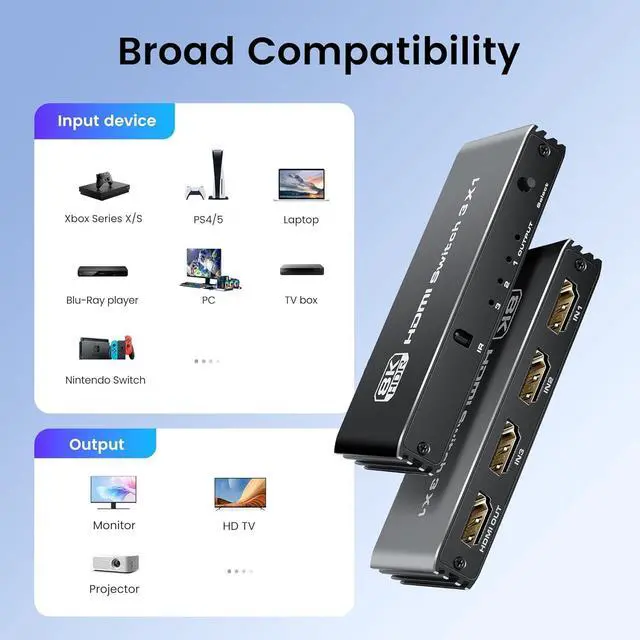 Alt view image 4 of 7 - 3 Ports 8K HDMI 2.1 Switch 3 in 1 Out 8K@60Hz 4K@120Hz HDMI Switcher Selector with Remote Support Auto-Switching 48Gbps HDR 10+ Dolby Vision/Atmos HDCP 2.3 CEC