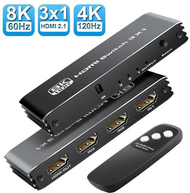 Main image of HDMI 2.1 Switch 8K 60Hz, 4K 120Hz 3 in 1 Out HDMI Switcher Splitter with Remote, Resolution Adjusted, ARC, HDR10+, Dolby Vision, HDCP 2.3, Dolby Atmos, VRR, ALLM for PS5 Xbox