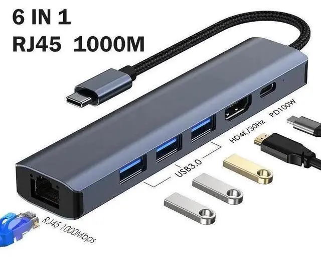 Main image of WRIARICH USB-C Type-C to Ethernet Adapter, 6 in 1 USB C Hub with 3 USB 3.0 Ports/100W PD Charging/Gigabit Rj45/4K HDMI Video Output, Thunderbolt (3/4) to Network Adapter for MacBook Pro/Air, XPS, iPad