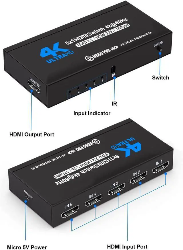 Alt view image 2 of 7 - HDMI Switch 4k@60HZ HDMI Splitter 5 in 1 Out HDMI Switcher Selector with IR Remote Control, HDMI 5 Port Box Hub Support 3D HDCP2.2 for PS4/Xbox One/Fire TV/Apple TV/Sky Box/STB/DVD/Roku, OZQ3-4
