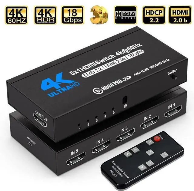 Main image of HDMI Switch 4k@60HZ HDMI Splitter 5 in 1 Out HDMI Switcher Selector with IR Remote Control, HDMI 5 Port Box Hub Support 3D HDCP2.2 for PS4/Xbox One/Fire TV/Apple TV/Sky Box/STB/DVD/Roku, OZQ3-4