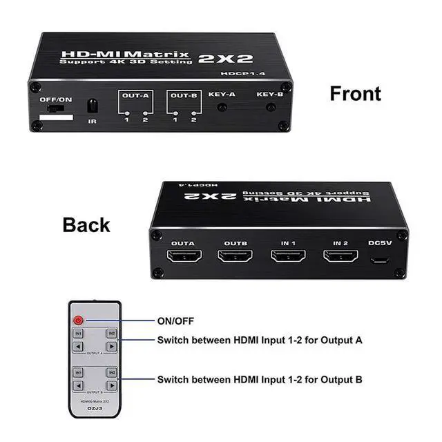 Alt view image 2 of 7 - WRIARICH 2x2 HDMI Matrix Switch Up to 4K 60Hz HDR, HDMI 2.0b, HDCP 1.4 , 3D,1080P,YUV 4:2:0, IR Remote, 2 in 2 Out Video (OZJ3)