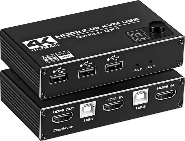 Main image of 4K@60Hz 2k@120Hz USB HDMI 2.0 KVM Switch with 3USB port 2 in 1 Out, 2 Port KVM Switch for 2 Computers 1 Monitor, 2 PCs Share 1 Monitor AND 3USB Devices, Keyboard, Mouse, Printer for Mac, Windows