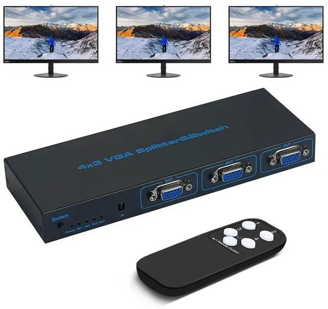 Main image of 4x3 VGA Switch Video Selector Switcher Box (4 Input 3 Output), 4 Port Powered VGA Switch 4 PC to 3 Monitors/Projector with Remote