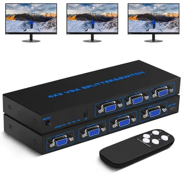 Main image of 4 in 3 Out VGA Switch Monitors Splitter Box with Remote for VGA/SVGA 4 Port Video Box (4X3 VGA Switch Splitter)