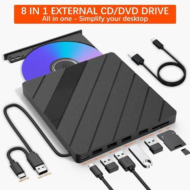 Main image of WRIARICH External DVD Drive for Laptop, Portable DVD Player for Laptop, 8 in 1 USB 3.0 CD/DVD-ROM +/-RW CD Burner,CD drive external usb cd reader Compatible with Laptop Desktop Mac,Windows 11/10/8/7