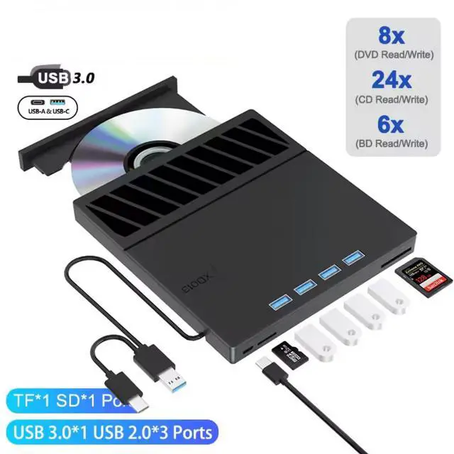 Main image of WRIARICH External CD/DVD Drive for Laptop with Carrying Case,DVD Player for Laptop,Portable CD Burner with USB3.0 Ports, USB2.0 Ports, SD/TF Card Slots,CD Disk Drive Player Reader Writer