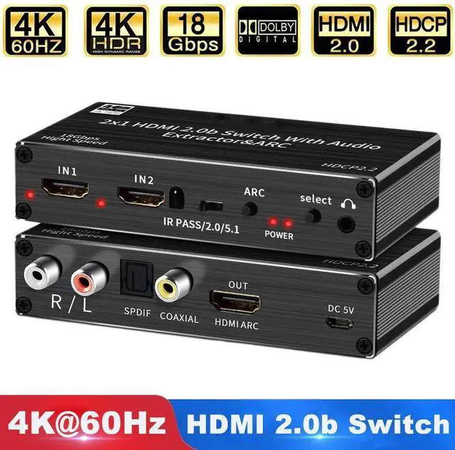 Main image of 4K@60H HDMI Switch Audio Extractor, 2in 1Out HDMI Switcher Splitter with Optical TOSLINK SPDIF, 3.5mm/R/L Audio, Coaxial Audio Extractor and Remote Control, Support 4K HDR, HDMI 2.0b, HDCP 2.2, OZV2