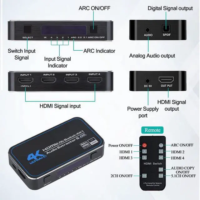 Alt view image 2 of 7 - 4K@60Hz 4 in 1 Out HDMI Switch Audio Extractor with Optical 3.5mm Stereo Audio Out Support HDR & HDCP 2.2 & Full 3D with IR Remote Control for Nintendo Switch,Xbox PS5/PS4,Fire Stick,Roku,Apple TV