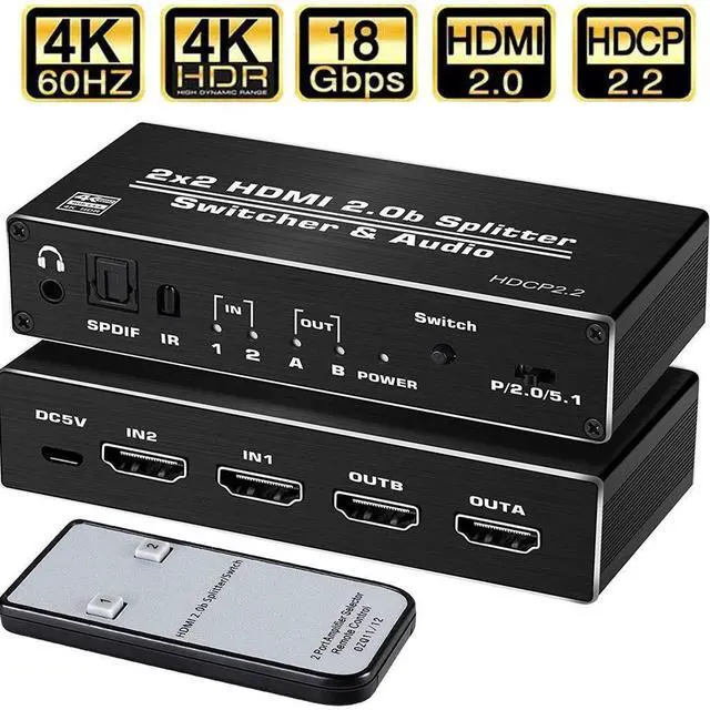Main image of WRIARICH 4K@60Hz HDMI Switcher Splitter Audio Extractor with Optical SPDIF + 3.5mm AUX Output, 2 in 2 Out HDMI Switcher Converter Support HDCP 2.2, HDMI2.0b, 4K@60HZ, RGB2:2:2, 4K HDR