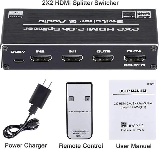 Alt view image 6 of 7 - WRIARICH 4K@60Hz HDMI Switcher Splitter Audio Extractor with Optical SPDIF + 3.5mm AUX Output, 2 in 2 Out HDMI Switcher Converter Support HDCP 2.2, HDMI2.0b, 4K@60HZ, RGB2:2:2, 4K HDR