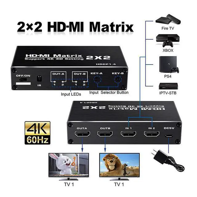 Alt view image 3 of 7 - WRIARICH 4K HDMI Matrix Switch 2 X 2, Switcher Ultra HD Supports Up to 4K @ 60Hz IR, HDR, HDMI 2.0b, HDCP 1.4 , 3D,1080P,YUV 4:2:0- Remote Control (OZJ3)