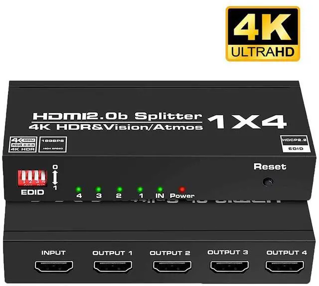 Main image of 4k@60hz HDMI Splitter, 1 in 4 Out, Ultra HD 4K @ 60 Hz 1x4 HDMI Supports EDID, 3D, HDCP2.2, HDR, 4K@60Hz, 1080P@144Hz, RGB 8:8:8, Dolby Compatible with Xbox PS5/4/3 Blu-Ray Player Fire Stick Roku