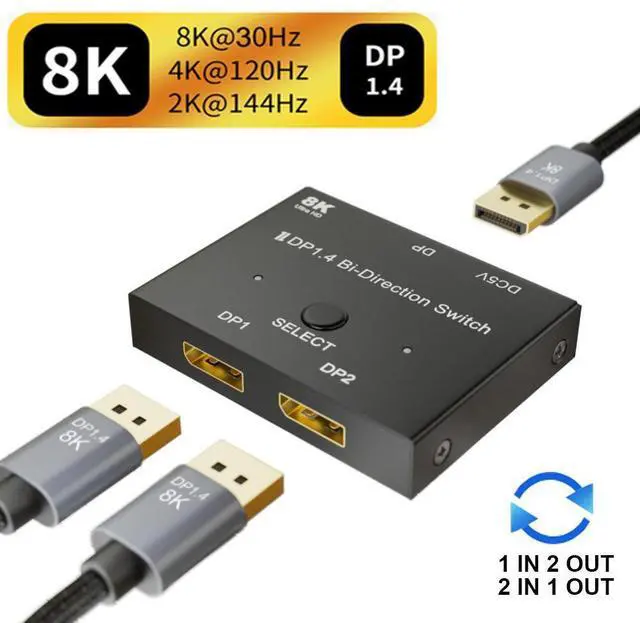 Main image of DisplayPort 1.4 Ultra HD 8K High Speed 32Gbps Bi-directional Switch 1 to 2 / 2 in 1 Out 8K@30Hz 4K@120Hz Converter Compatible with Xbox PS5 Projectors Monitors