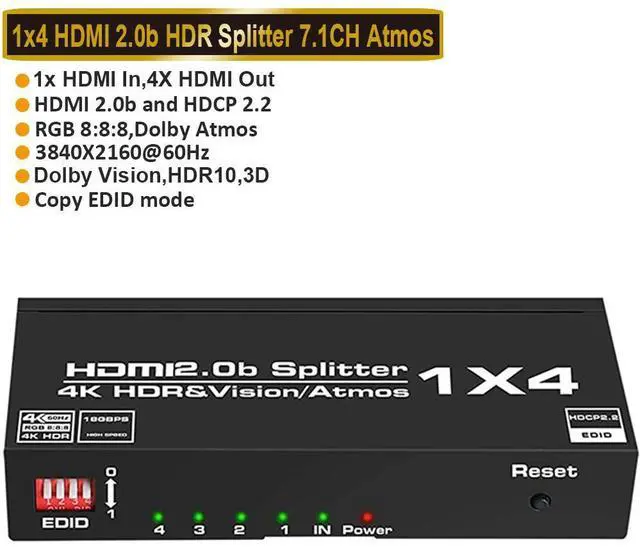 Main image of 4K@60Hz HDMI Splitter 1 in 4 Out EDID, 1x4 Powered HDMI Splitter for Four Monitors w/Power Adapter, 4K@60Hz 4 Monitors Duplicate/Mirror for PS4 Fire Stick HDTV